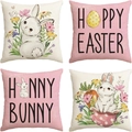 Set of four Easter linen pillow covers with watercolor bunny and egg prints for home decor - Pink Watercolor Bunny & Carrot (DYM22-8)