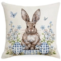 Detailed view of Easter rabbit pillow cover with watercolor blue floral pattern - Rabbit with Blue Plaid Egg Style (DYM17-23)