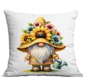 Housse de coussin avec nain, chapeau de paille aux tournesols et arrosoir sur tissu blanc - 45x45cm / Style Arrosage Gnome (CDR21-2)