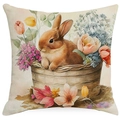Easter throw pillow cover featuring a watercolor brown rabbit in a floral basket - Watercolor Rabbit Tulips (DYM03-2) / 45x45cm (No Insert)