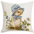Detailed view of Easter pillowcase featuring a cute chick illustration with blue plaid hat - Chick Wearing Sun Hat Style (DYM17-22)
