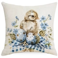 Detail of Easter pillow cover featuring a cute chick and blue plaid eggs on linen fabric - Chick and Blue White Eggs Style (DYM17-21)