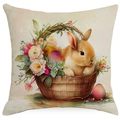 Easter pillow cover with watercolor bunny and eggs pattern on beige linen fabric - Pastoral Watercolor Rabbit (DYM03-3) / 45x45cm (No Insert)