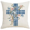 Easter pillow cover with blue plaid cross and vintage watercolor floral rabbit design - Plaid Cross with Pink and Blue Flowers Style (DYM17-18)