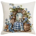 Close-up of linen fabric texture with blue plaid and Easter floral watercolor art - European Countryside Stone Arch Floral Style (DYM17-11)