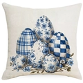 Detail of blue Easter egg pattern with floral designs on a beige linen pillowcase - Blue and White Porcelain Style Eggs Style (DYM17-26)