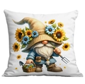 Spring garden gnome cushion cover with sunflower pattern on white square pillowcase - 45x45cm / Gnome Garden Tools Style (CDR21-5)