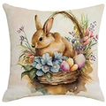 Easter bunny pillow case with watercolor flower basket and eggs on linen fabric - Warm Watercolor Rabbit Flower (DYM03-5) / 45x45cm (No Insert)