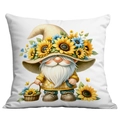 White pillow cover featuring a sunflower gnome illustration in bright yellow and blue - 45x45cm / Gnome Plaid Shirt Basket Style (CDR21-6)