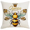 Square bee sunflower cushion cover with golden crown and Queen text on beige linen fabric - Queen Style (DYM06-3)