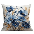 Detailopname van 3D blauwe bloemen kussenhoes met gouden bladpatronen op witte stof - Modern Handgeschilderd Blauw Bloemen (SDR01-2)