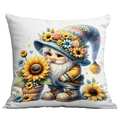 Square sunflower gnome pillow cover with colorful floral illustration on white background - 45x45cm / Gnome Holding Flower Pot Style (CDR21-8)