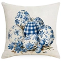 Federa per cuscino pasquale in lino beige con uova blu a quadri e decori floreali - Stile Uovo di Pasqua a Quadri (DYM17-2)