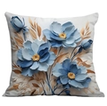 Detailweergave van vierkante kussenhoes met 3D blauwe bloemenprint en gele meeldraden - 3D Reliëf Blauw Bloemen (SDR01-1)