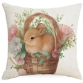 Easter cushion cover with watercolor bunny in basket and pink floral wreath design - 18x18 Inch / Bunny in Flower Basket Style (DYM11-1)