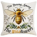 Linen cushion cover with honey bee and You Belong Among The Wildflowers text - Wildflowers Style (DYM06-6)