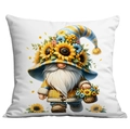 Square pillowcase featuring a garden gnome and sunflowers on a white background - 45x45cm / Gnome Yellow Sweater Style (CDR21-9)