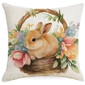 Easter throw pillow cover featuring a watercolor bunny in a flower basket design - 18x18 Inch / Vintage Bunny Style (DYM11-2)
