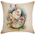 Easter throw pillow cover with watercolor bunny and flowers in a basket on linen fabric - White Rabbit Flower Basket (DYM03-13) / 45x45cm (No Insert)