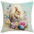 Easter pillow cover featuring watercolor rabbit with spring flowers and eggs - Watercolor Rabbit with White Goose Egg (DYM03-14) / 45x45cm (No Insert)