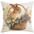 Easter throw pillow cover featuring a watercolor bunny and floral basket design - 18x18 Inch / Bunny Sitting in Basket Style (DYM11-3)