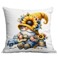 Square cushion cover featuring gnome playing ukulele and sunflower truck illustration - 45x45cm / Gnome Truck Ukulele Style (CDR21-13)