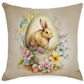 Easter pillow cover with watercolor bunny and floral egg design on linen fabric - Egg Frame Rabbit Flowers (DYM03-15) / 45x45cm (No Insert)