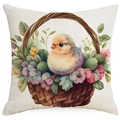 Easter throw pillow cover with watercolor chick and floral basket on linen fabric - 18x18 Inch / Chick in Flower Basket Style (DYM11-4)