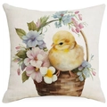 Linen texture Easter pillow cover featuring yellow chick and flowers in basket - 18x18 Inch / Chick in Woven Basket Style (DYM11-5)