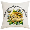 Square bee and sunflower throw pillow cover in beige linen with inspirational quote - Bee the Sunshine Style (DYM06-12)