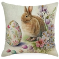 Easter throw pillow cover with vintage watercolor rabbit and flower pattern on linen fabric - Vintage Watercolor Rabbit Spring Flowers (DYM03-16) / 45x45cm (No Insert)
