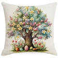 Easter throw pillow cover with watercolor floral tree and colorful eggs on linen - Flower Tree and Bird with Eggs (DYM12-1)