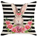 Striped Easter bunny pillow cover with floral wreath design on white background - 45*45cm Linen Without Core / Stripe Rabbit Style