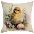 Easter pillow cover with watercolor yellow chick, colorful eggs and floral print - Yellow Chick and Purple Flowers (DYM03-18) / 45x45cm (No Insert)