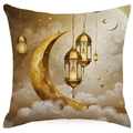 Golden moon and ethnic oil lamp pattern square cushion cover for festive home sofa decor - Giant Crescent Lantern Design (DYM26-4) / 45*45cm Linen Single-Sided No Insert