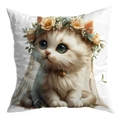 White square cushion cover featuring a cute kitten with flower crown and bridal veil - Kitten With Floral Crown Style (CDR30-1) / 45x45 Single Sided Without Insert
