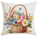 Linen Easter pillow cover with watercolor flower basket, eggs and blue bow pattern - Flower Basket with Eggs and Bow (DYM12-2)