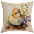 Easter throw pillow case with watercolor chick and eggs printed on linen fabric - Watercolor Chick and Spring Nature (DYM03-19) / 45x45cm (No Insert)