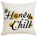 Square pillow cover with 'Honey Chill' text and bee sunflower illustrations - Honey Chill Style (DYM06-14)