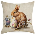 Easter cotton linen pillow cover with watercolor brown bunny and floral egg design - Brown Rabbit and Colorful Flowers (DYM03-20) / 45x45cm (No Insert)