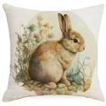 Easter throw pillow cover with vintage watercolor brown bunny and floral pattern - 18x18 Inch / Realistic Bunny in Grass Style (DYM11-12)