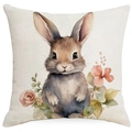Easter bunny and floral watercolor cushion cover made of high-quality linen fabric - Rabbit and Roses (DYM12-3)