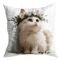 White square cushion cover with dreamy long-haired cat wearing a floral crown and veil - Blue Eyed Cat With Floral Crown Style (CDR30-4) / 45x45 Single Sided Without Insert