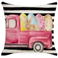 Easter pillow cover with striped background and red truck bunny watercolor design - 45*45cm Linen Without Core / Easter Truck Style