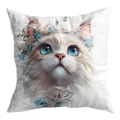 White square pillow cover with dreamlike blue-eyed cat and floral wreath print - Blue And White Flower Cat Style (CDR30-6) / 45x45 Single Sided Without Insert