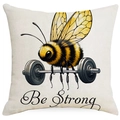 Linen bee cushion cover with Be Strong quote and bumblebee lifting a barbell - Be Strong Style (DYM06-20)