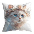 Square pillowcase featuring dreamlike white cat with flower crown and blue eyes - Rose And Daisy Cat Style (CDR30-7) / 45x45 Single Sided Without Insert