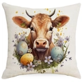 Easter pillow cover with cow and floral egg illustration on beige linen fabric - Cow and Easter Eggs (DYM12-5)