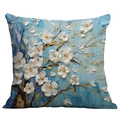 Artistic oil painting style throw pillow cover with white floral impasto on blue - 45*45cm (No Insert) / Royal Blue Tones White Flower (CDR02-17)