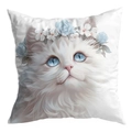 White square pillowcase featuring a fluffy white cat with a blue floral crown design - Cute Blue Eyed Cat Style (CDR30-10) / 45x45 Single Sided Without Insert
